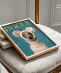 Fashion Dog Poster for pet lover's space featuring blue, beige, gold tones as poster