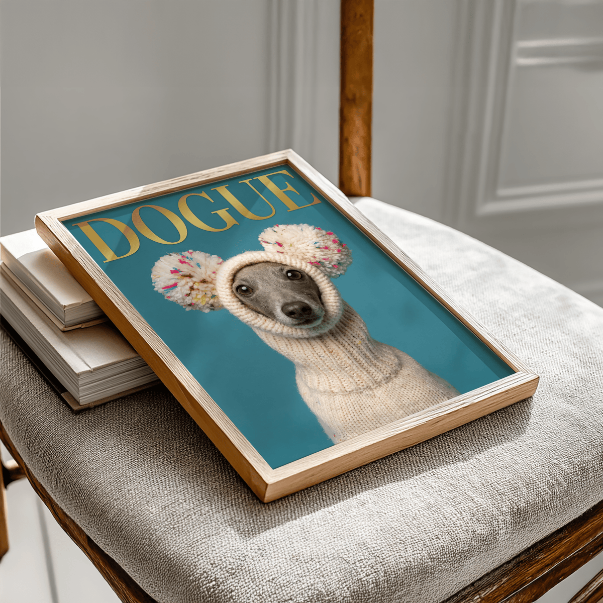 Fashion Dog Poster for pet lover's space featuring blue, beige, gold tones as poster