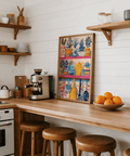 Boho Kitchen Print in kitchen, colors blue and orange, modern wall art