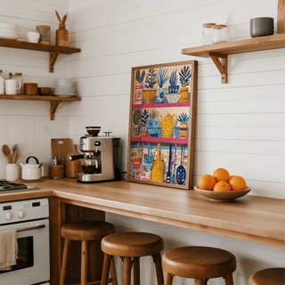 Boho Kitchen Print in kitchen, colors blue and orange, modern wall art