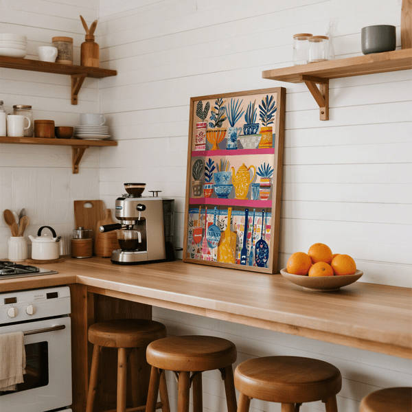 Boho Kitchen Print in kitchen, colors blue and orange, modern wall art
