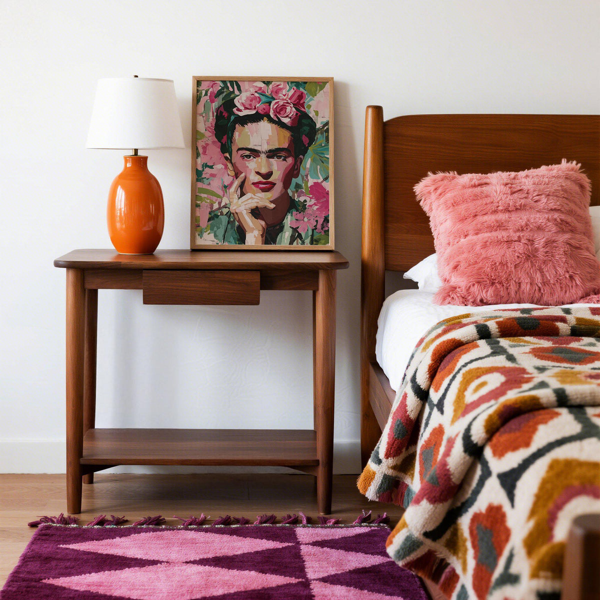 Painted-style Frida Kahlo portraits for sale in lush botanical background.