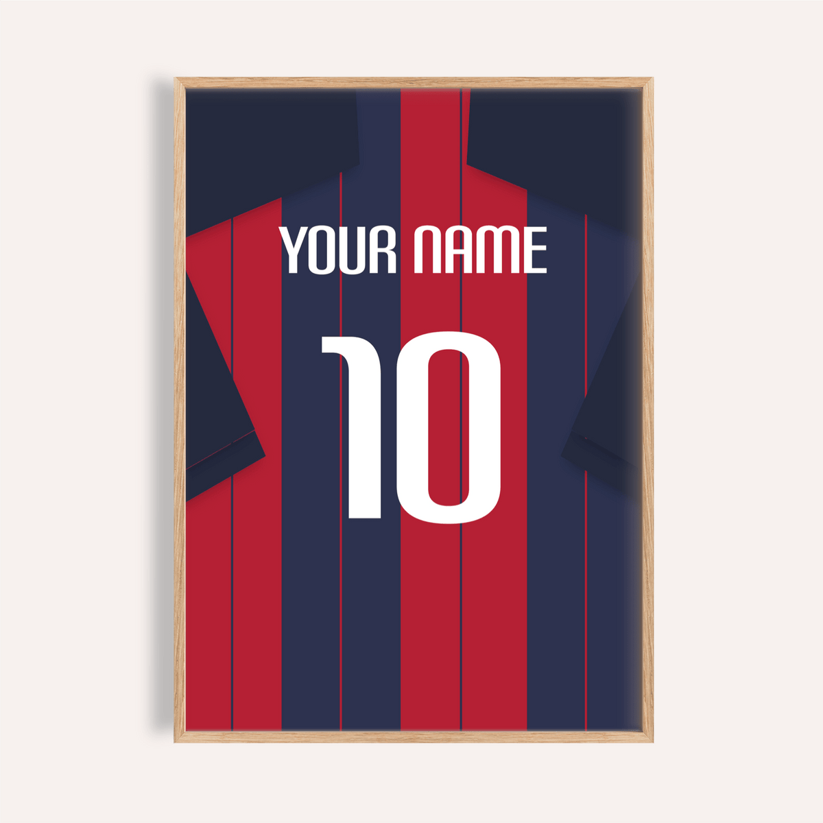 Front view of Bologna Football Shirt Poster with vertical stripes, YOUR NAME text, and large number 10