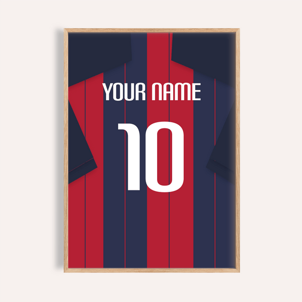 Front view of Bologna Football Shirt Poster with vertical stripes, YOUR NAME text, and large number 10