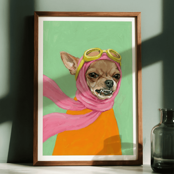 Funny Dog Art whimsical wall art using Pink, Orange, and Green in studio