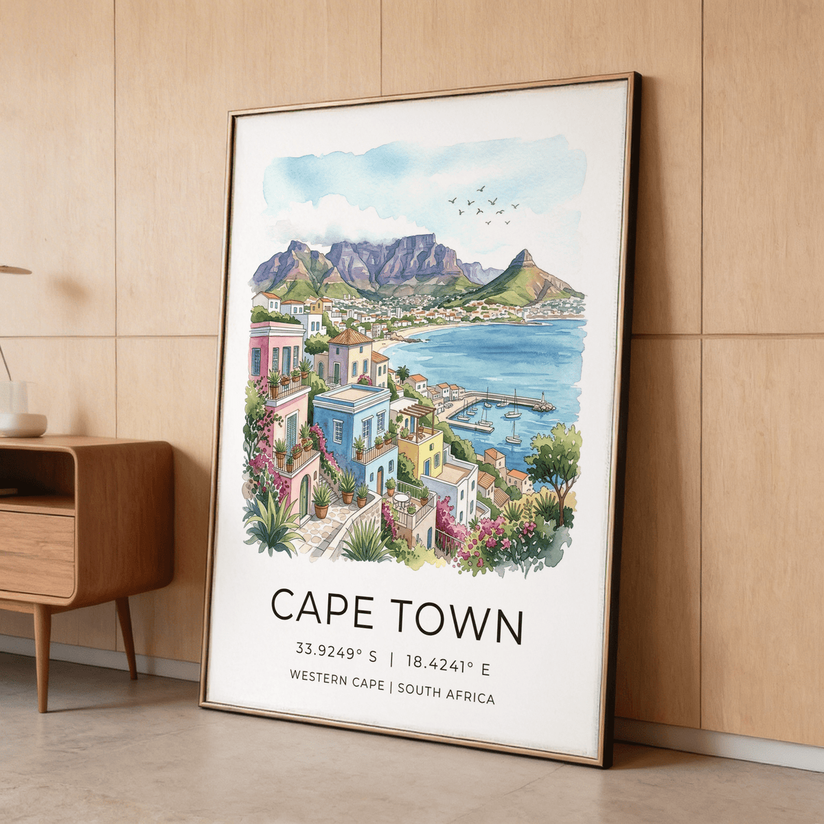 Typography Cape Town Art Print with coordinates under cityscape and Table Mountain
