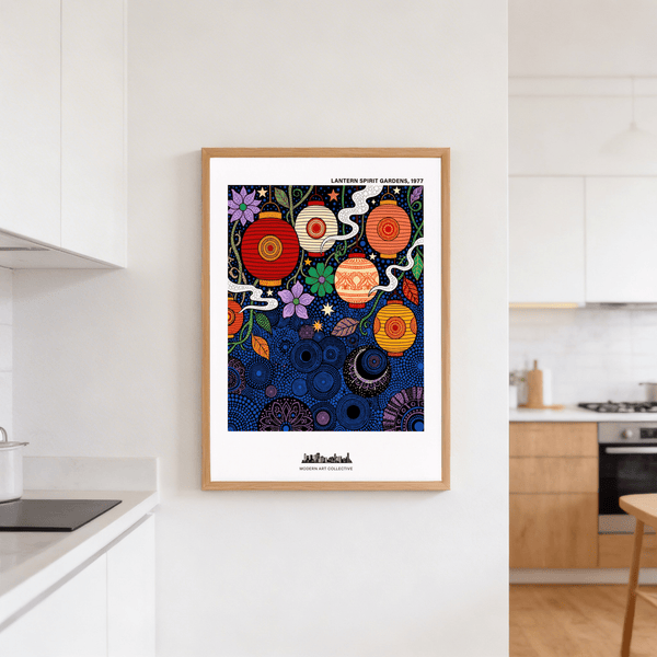 Full view Bohemian Lantern Poster wall art with multiple lanterns and floral elements