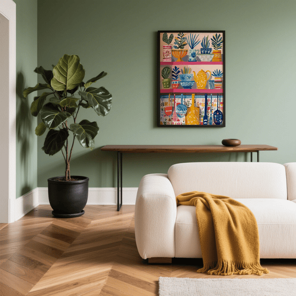 Boho Kitchen Print with plants and utensils, blue, green, yellow wall art