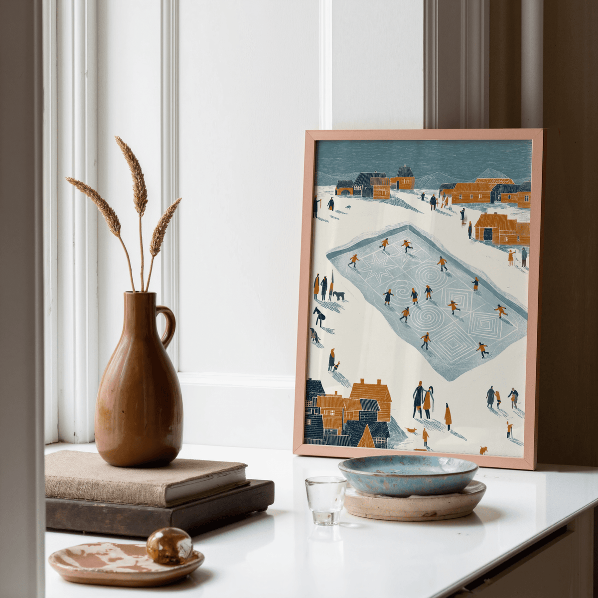 Ice Skating Poster in blue, orange, and white for cozy home office