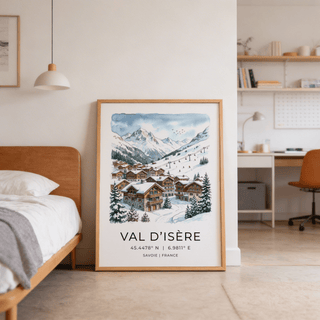 Panoramic mountain village poster with birds in sky and winding snow trail