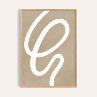 Abstract Painting Minimalist with white curved line on beige background in a wooden frame
