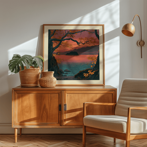Autumn lakeside art print with subtle border and rocky foreground