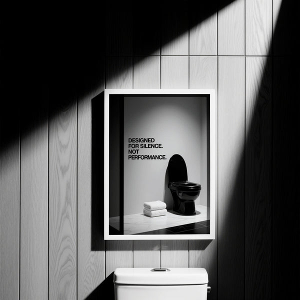 Funny Toilet Wall Art featuring the phrase “Designed for silence.”