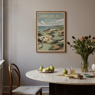 Vintage-style golf wall art with sand bunkers, winding path, and horizon clouds