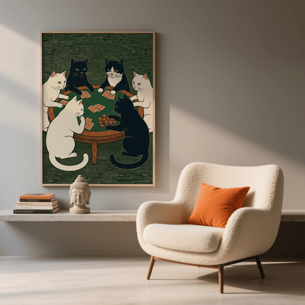 Cat Poker Art Print showing Black and White cats, modern entryway wall art