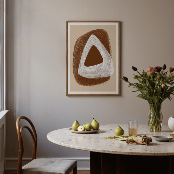 Neutral geometric wall decor with hollow triangle and rich paint strokes