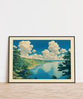 Gallery-ready seascape poster with shoreline contours, pine framing, and reflective water
