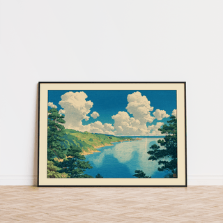 Gallery-ready seascape poster with shoreline contours, pine framing, and reflective water