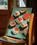 Playful Sushi Art Print, Red, Green, Blue for kitchen decor
