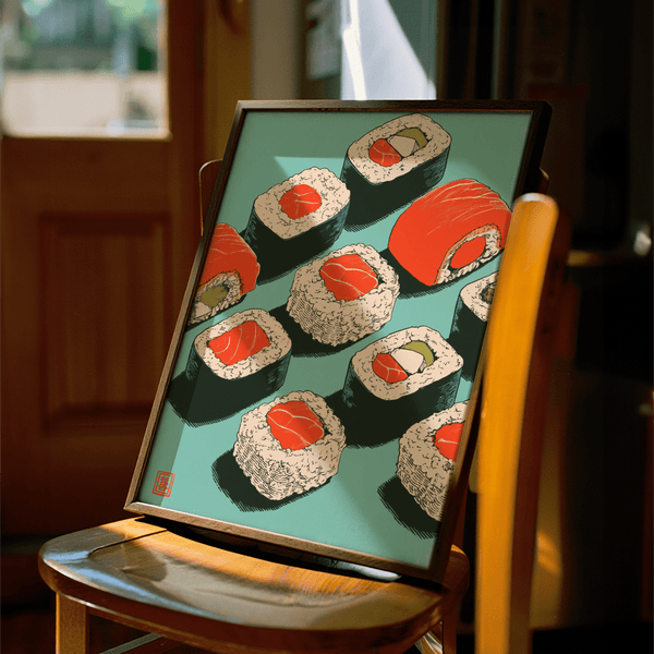 Playful Sushi Art Print, Red, Green, Blue for kitchen decor