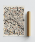 Street network close-up on Paris Map Art Print with layered lines and marker accents