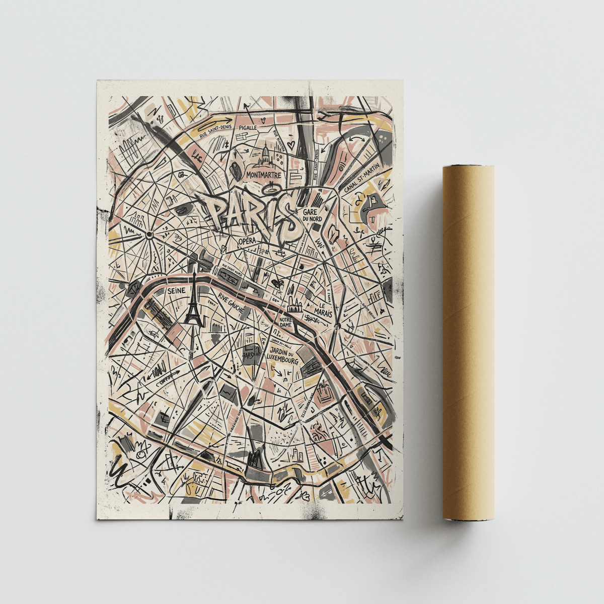 Street network close-up on Paris Map Art Print with layered lines and marker accents