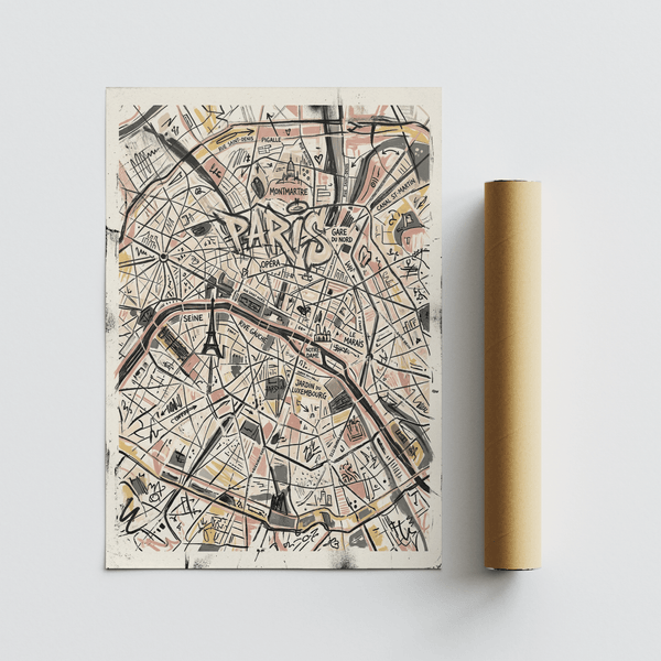 Street network close-up on Paris Map Art Print with layered lines and marker accents