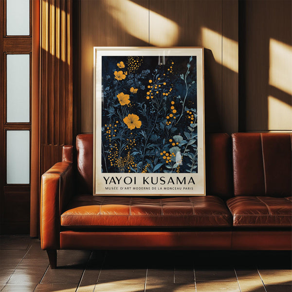 Orange and blue wall art with navy botanicals and bright floral pops