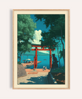 Framed view of torii gate seaside poster with boats and trees