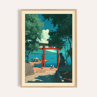 Framed view of torii gate seaside poster with boats and trees
