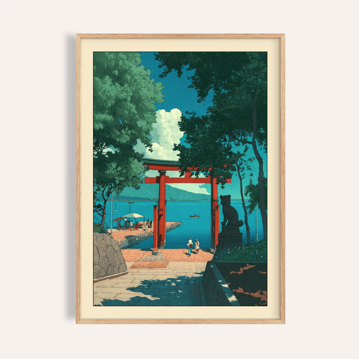 Framed view of torii gate seaside poster with boats and trees