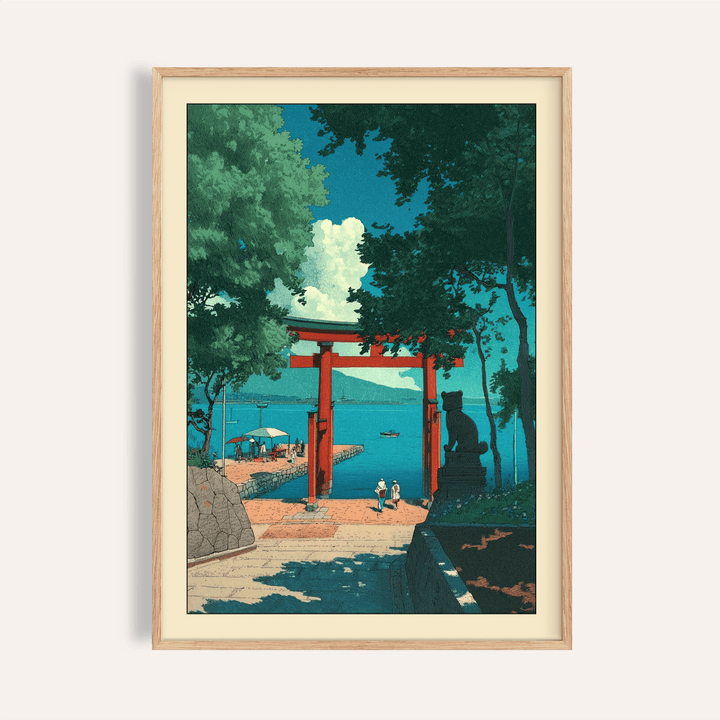 Framed view of torii gate seaside poster with boats and trees