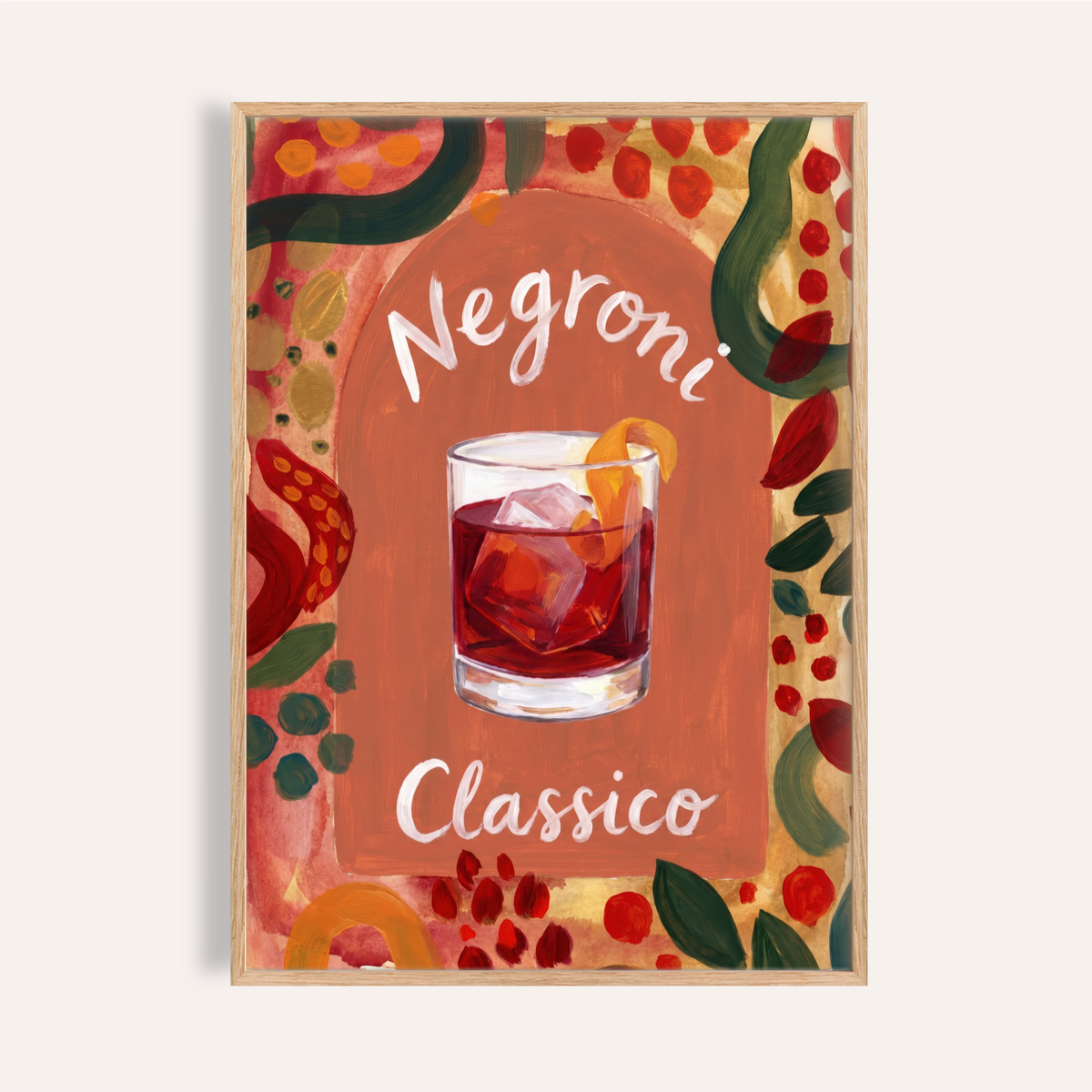 Negroni Art Print with rocks glass illustration and arch backdrop
