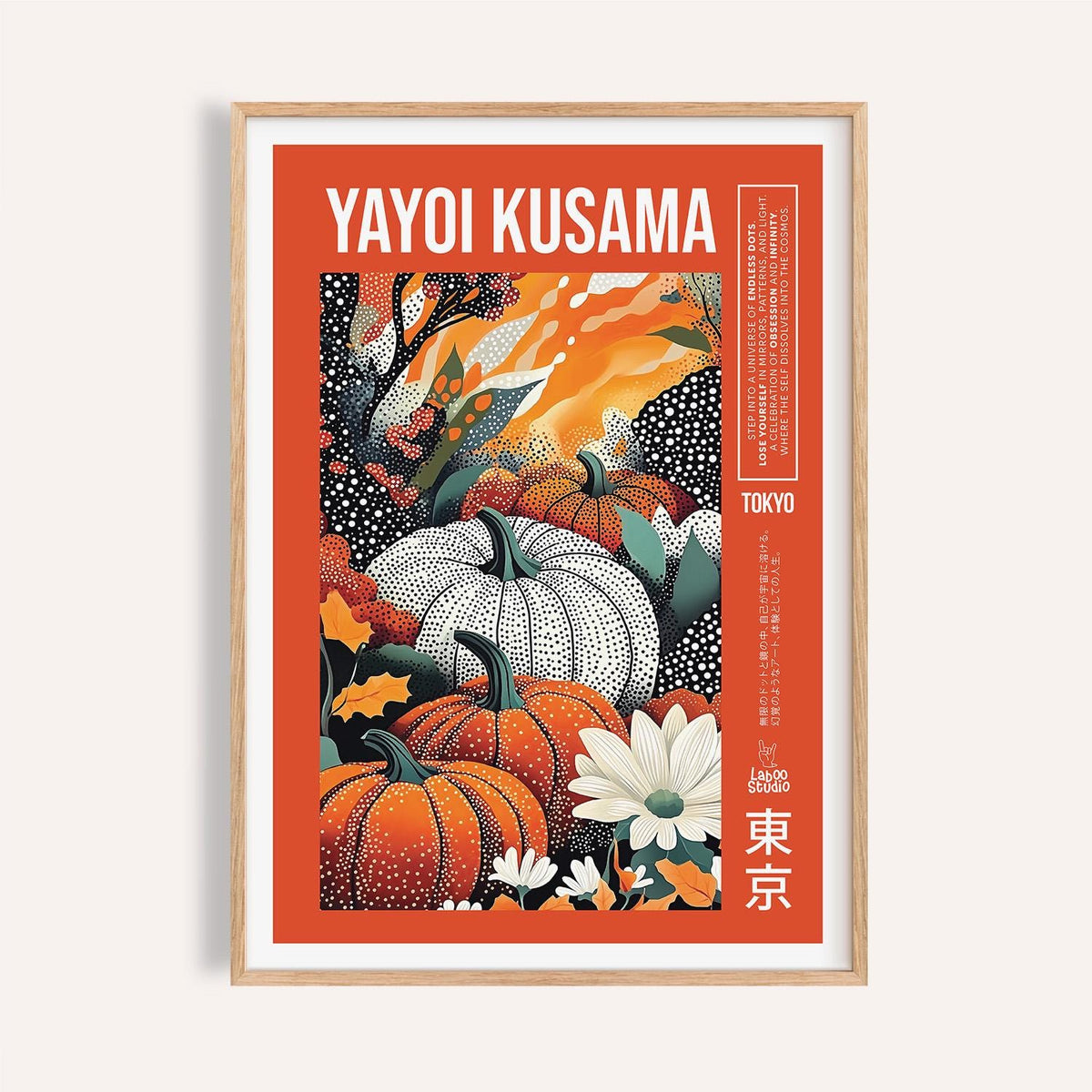 Graphic art of pumpkins in orange tones inspired by Yayoi Kusama pumpkin print.
