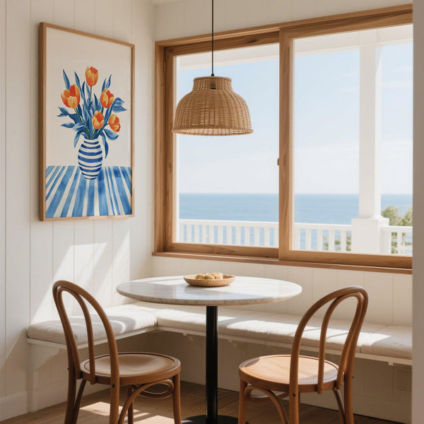 Vibrant Tulip Wall Art with warm petals and cool-toned leaves.