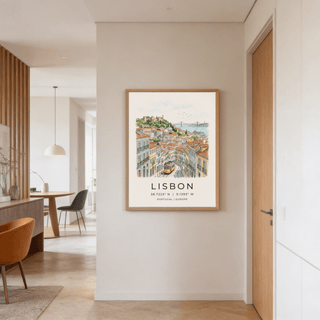 Hand-drawn cityscape of Lisbon with Tagus suspension bridge