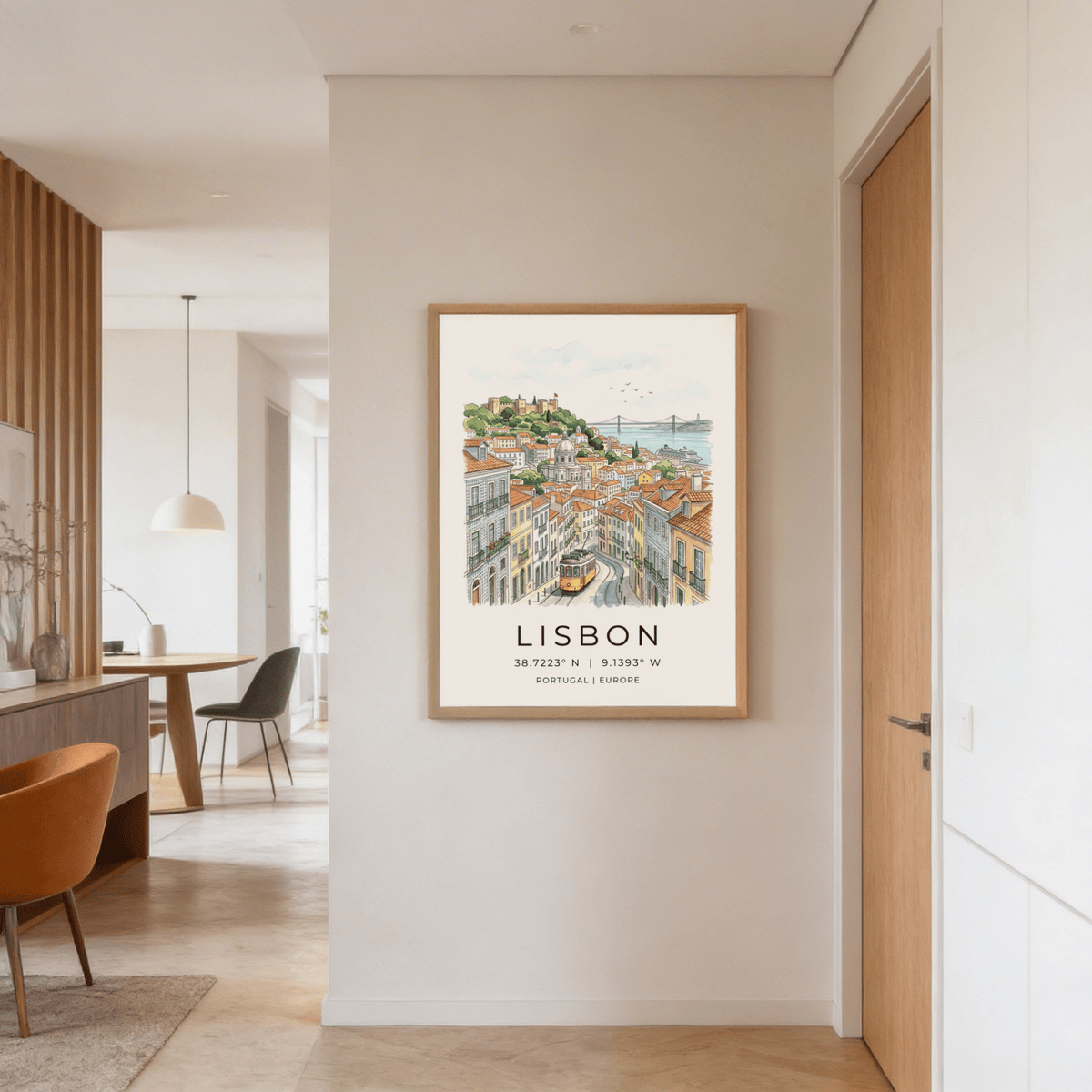 Hand-drawn cityscape of Lisbon with Tagus suspension bridge