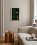 Cranes Gold Art Print with gold and green palette and sweeping bands