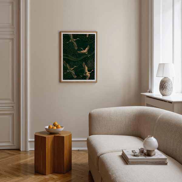 Cranes Gold Art Print with gold and green palette and sweeping bands