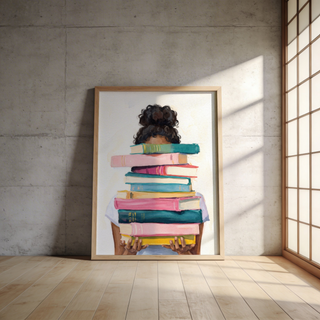 Minimal background poster of a person behind a stack of books, focusing on layered shapes and brush texture