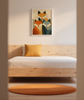 Graphic fox wall art print with layered shapes, curved tails, and a balanced arrangement