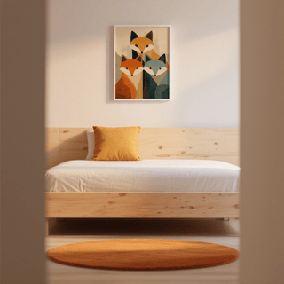 Graphic fox wall art print with layered shapes, curved tails, and a balanced arrangement