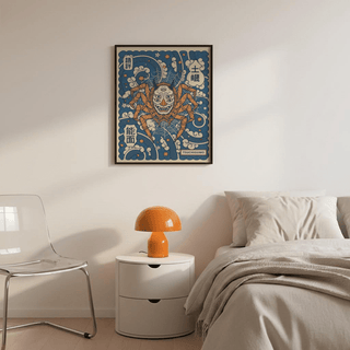 Detailed spider legs illustration wall art print surrounding a mask face with multiple eyes