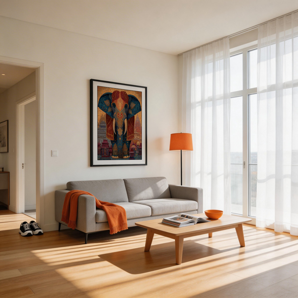 Detailed Colorful Indian Art Print poster showing symmetrical elephant head design with decorative linework and tiled texture