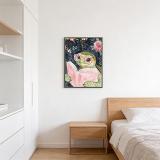 Charming Turtle Reading Art Print with central turtle motif, open book foreground, and florals