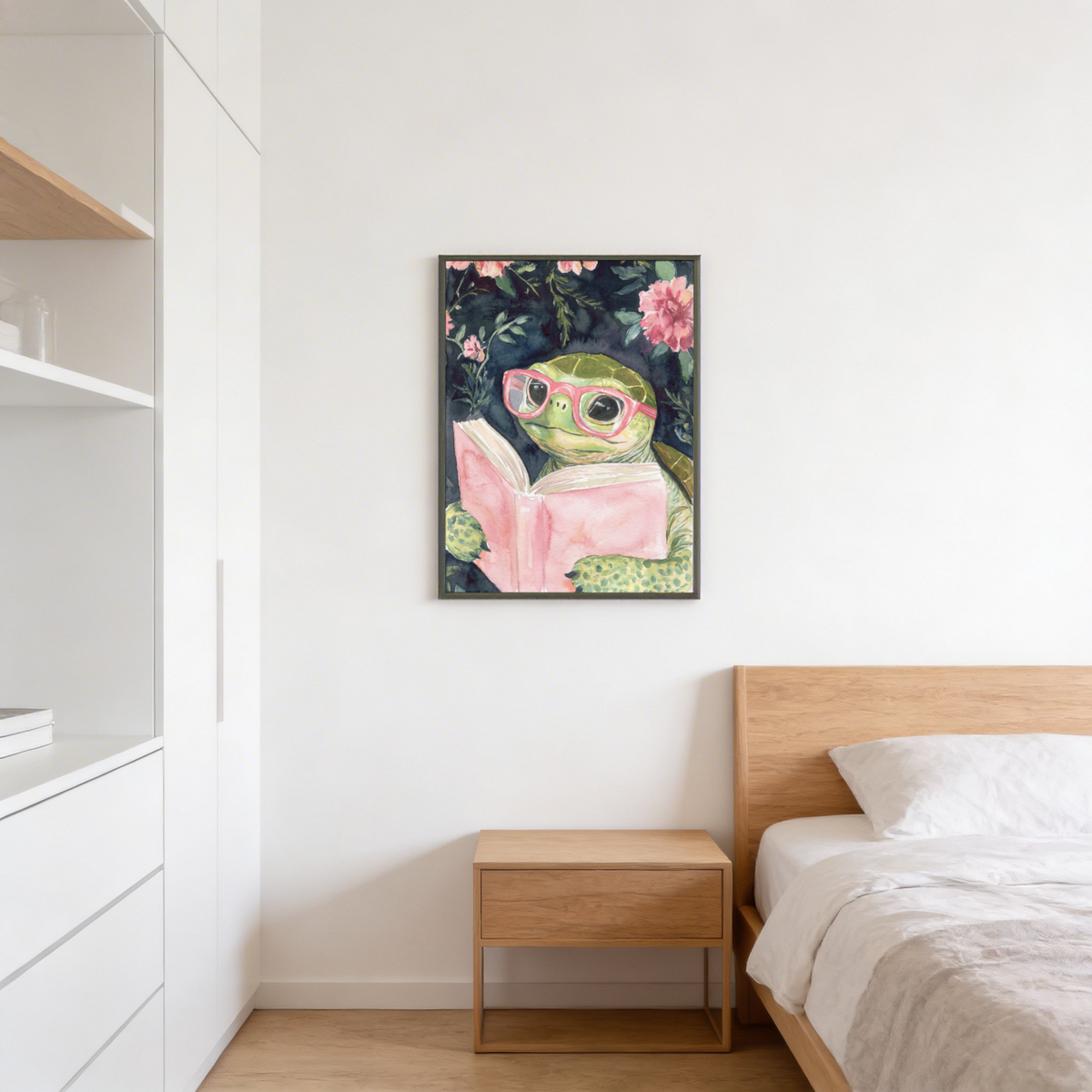 Charming Turtle Reading Art Print with central turtle motif, open book foreground, and florals