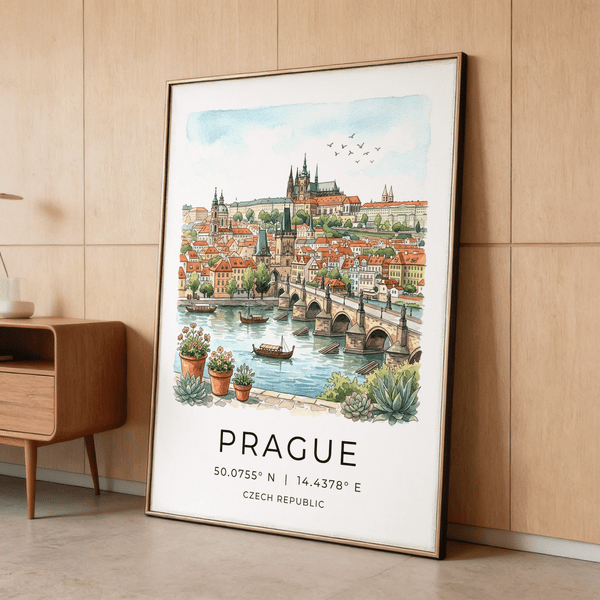 Travel poster of Prague with river bridge, hillside buildings, and birds in the sky