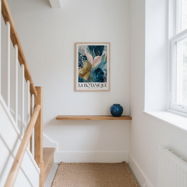 Elegant wall art for living room featuring teal foliage and soft pink petals