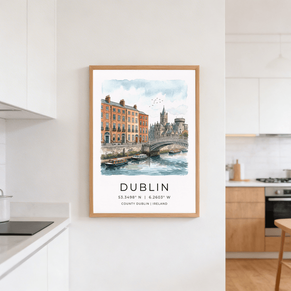 Riverside Dublin wall art poster with bridge curve, moored boats, and birds