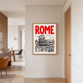 Rome City Art Print focusing on typographic header and architectural linework